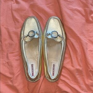 Prada Metallic Gold Leather Loafers Driving Flats Designer Size 40 (US 10)